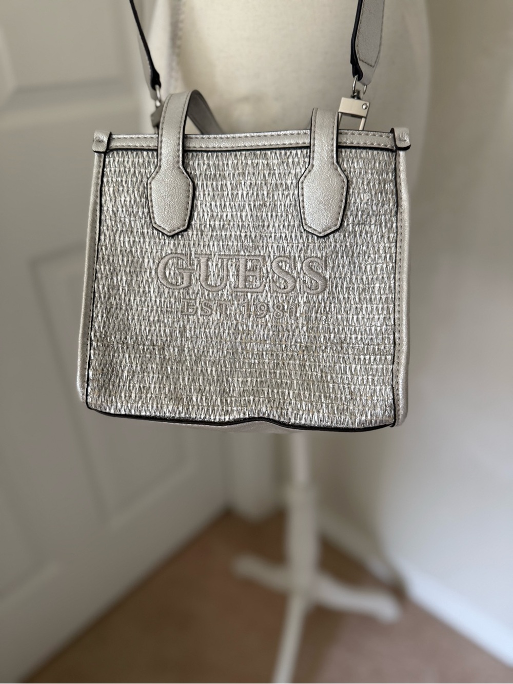 GUESS Silver Metallic Woven Mini Tote Bag
